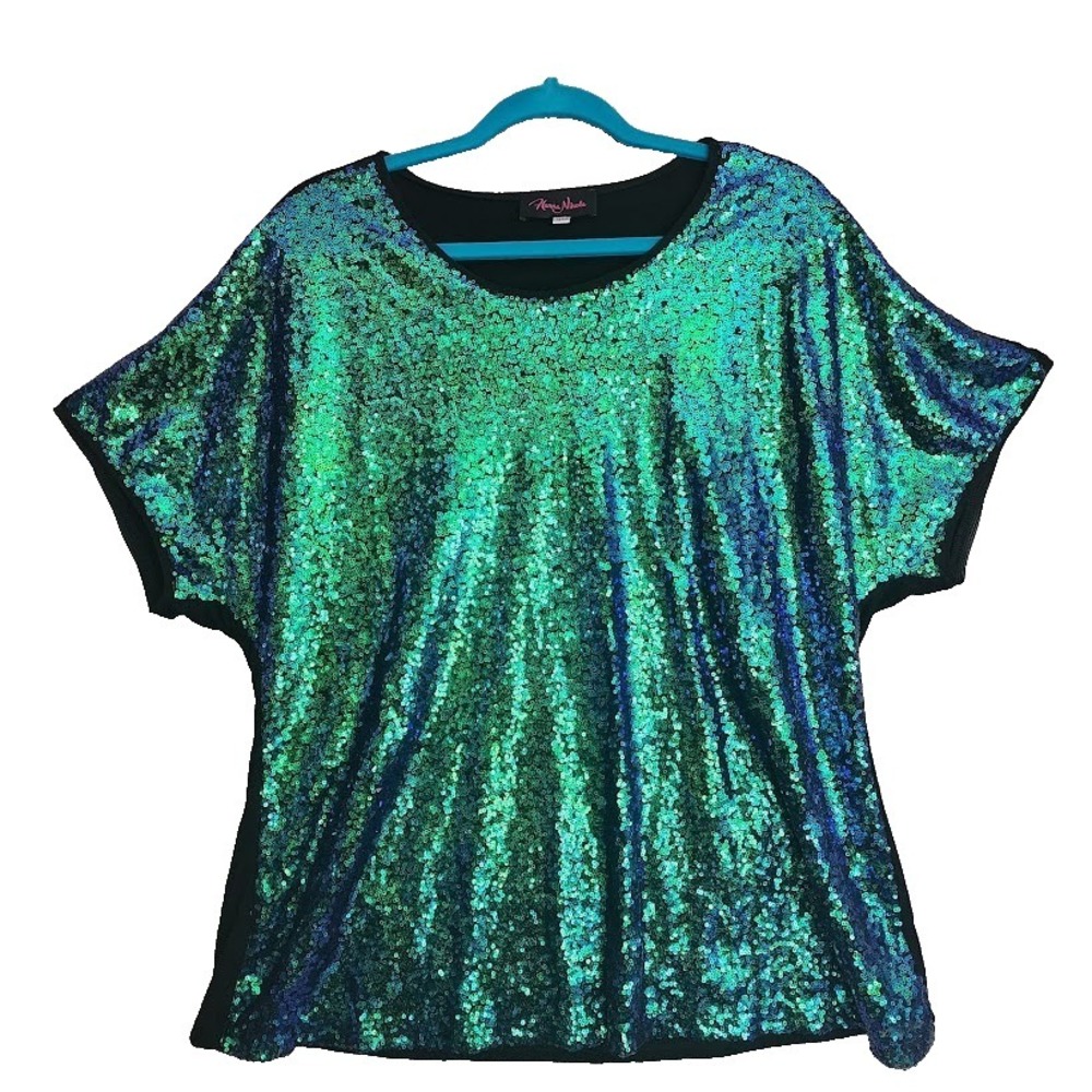 Hanna Nikole Women Shirt 16W Mermaid Sequin Short Sleeve Jersey Stretch Knit